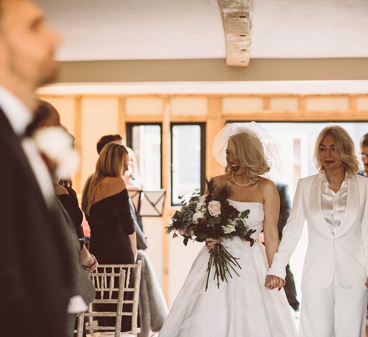 Wedding Ceremony | Bridal Entrance in Organza Justin Alexander Gown | Mother of the Bride in White Suit | Blush Pink &amp; Red, Christmas, Winter Wedding at Coltsfoot Country Retreat | Lemonade Pictures