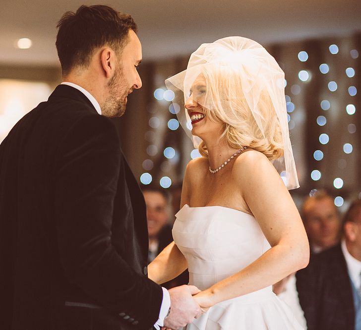 Wedding Ceremony | Bride in Organza Justin Alexander Gown | Groom in Black Tie Suit | Blush Pink &amp; Red, Christmas, Winter Wedding at Coltsfoot Country Retreat | Lemonade Pictures