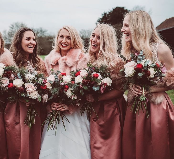 Bridal Party | Bride in Organza Justin Alexander Gown &amp; Faux Fur Cover Up | Bridesmaids in Closet London Separates | Blush Pink &amp; Red, Christmas, Winter Wedding at Coltsfoot Country Retreat | Lemonade Pictures