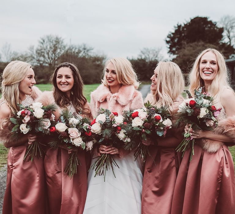 Bridal Party | Bride in Organza Justin Alexander Gown &amp; Faux Fur Cover Up | Bridesmaids in Closet London Separates | Blush Pink &amp; Red, Christmas, Winter Wedding at Coltsfoot Country Retreat | Lemonade Pictures