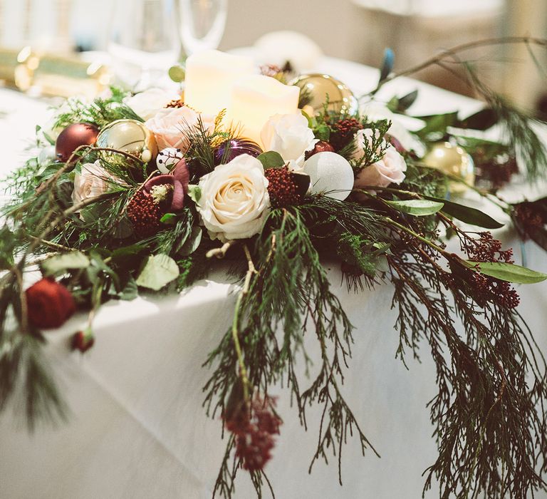 Top Table Floral Centrepiece | Blush Pink &amp; Red, Christmas, Winter Wedding at Coltsfoot Country Retreat | Lemonade Pictures