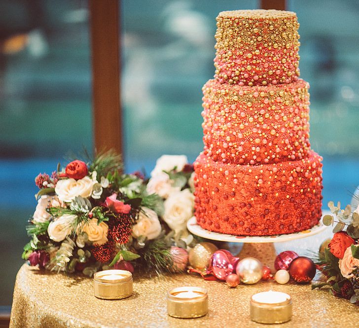 Claire Owen Cakes Pink Ombre Wedding Cake | Blush Pink &amp; Red, Christmas, Winter Wedding at Coltsfoot Country Retreat | Lemonade Pictures