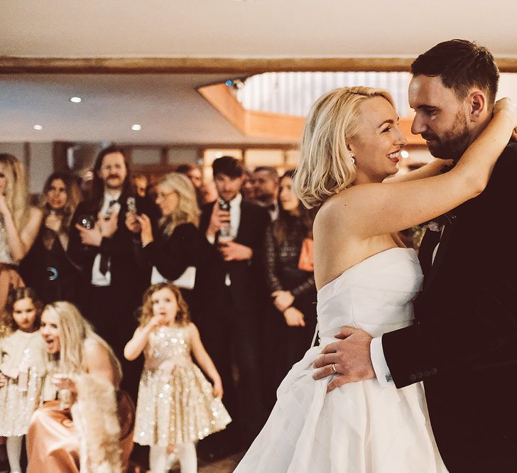 First Dance | Bride in Organza Justin Alexander Gown | Groom in Black Tie Suit | Blush Pink &amp; Red, Christmas, Winter Wedding at Coltsfoot Country Retreat | Lemonade Pictures