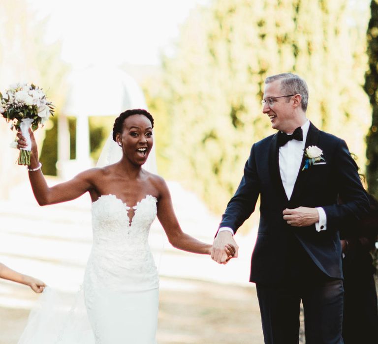 Happy bride and groom just married at Chateau La Durantie, France