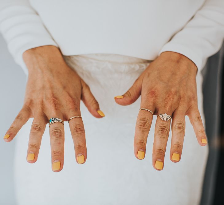 Bride in Halfpenny London Separates of Laura Top with Cowl Back and Long Sleeves, Silk Cami and Laser Cut Palm Skirt | Yellow Nail Varnish with Half Moon | 'Frida Kahlo' Flower Crown, Halfpenny London Bridal Separates and Colourful Bouquets with Peonies for Suffolk Wedding | From The Smiths Photography