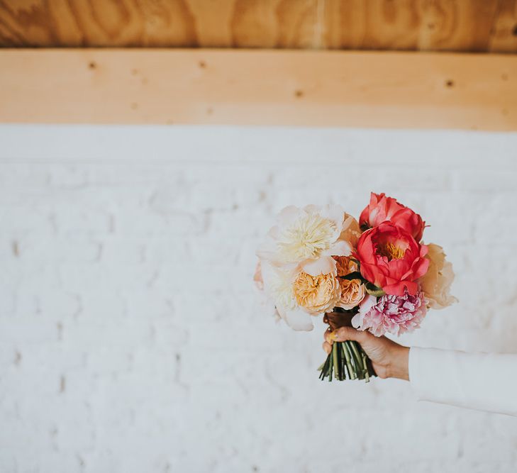 Colourful Bridal Bouquet of Pink and White Peonies | 'Frida Kahlo' Flower Crown, Halfpenny London Bridal Separates and Colourful Bouquets with Peonies for Suffolk Wedding | From The Smiths Photography