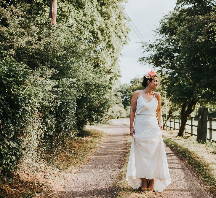 Bride in Halfpenny London Separates of Laura Top with Cowl Back and Long Sleeves, Silk Cami and Laser Cut Palm Skirt | Flower Crown with Pink Peony | Yellow Block Heels from Aldo | 'Frida Kahlo' Flower Crown, Halfpenny London Bridal Separates and Colourful Bouquets with Peonies for Suffolk Wedding | From The Smiths Photography