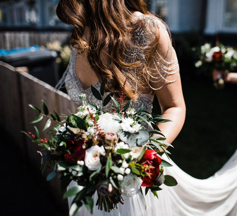 Bridal Bouquet With Red And White Flowers With Beaded Anna Campbell Wedding Dress