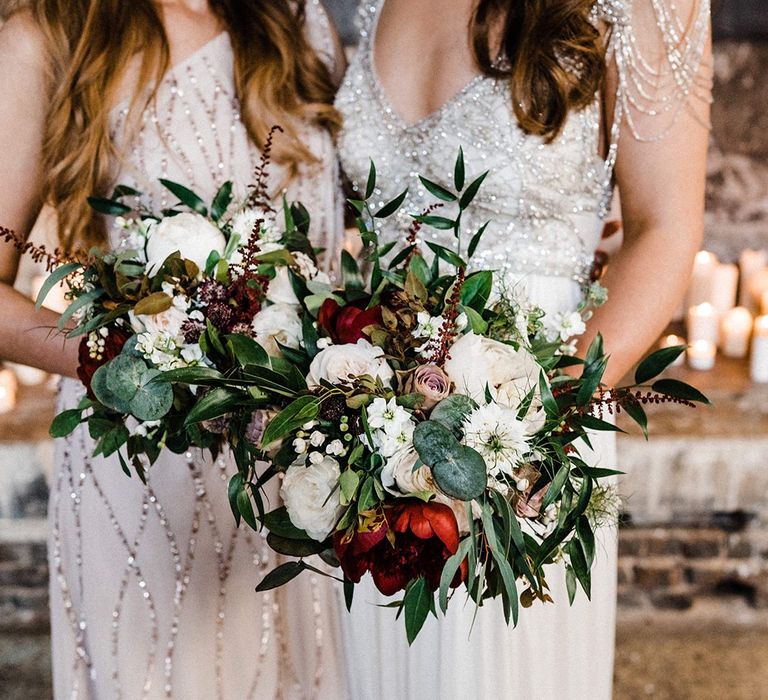 Wedding Bouquet For Bride And Bridesmaid In Blush Dress and Anna Campbell Wedding Dress