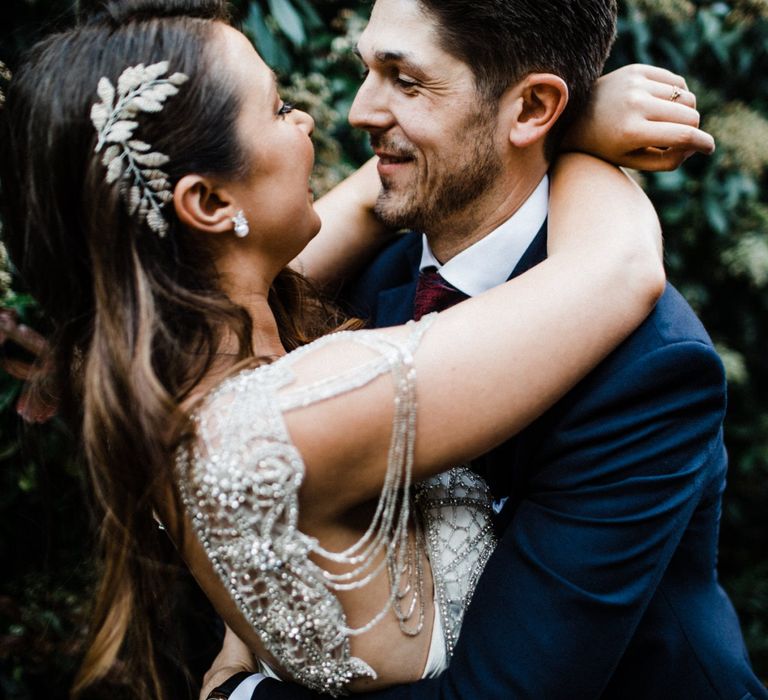 Anna Campbell Wedding Dress With Hair Piece For Stunning City Bride