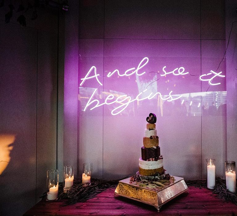 Neon Wedding Sign And Cheese Tower