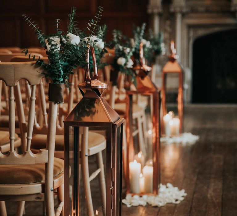 Copper lantern aisle decoration