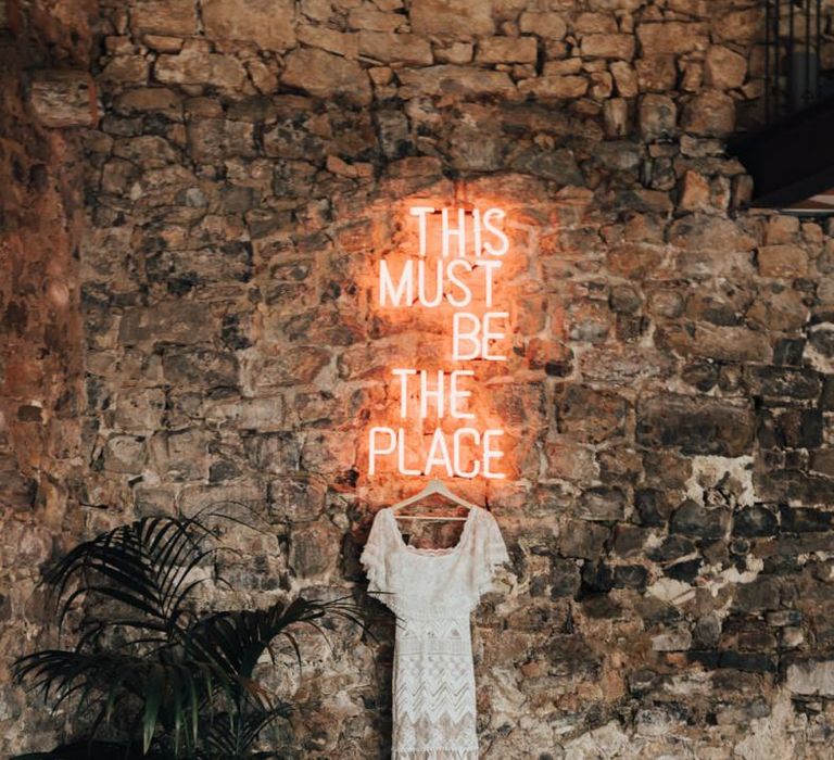 This Must Be The Place Neon Wedding Sign and Grace Loves Lace Wedding Dress