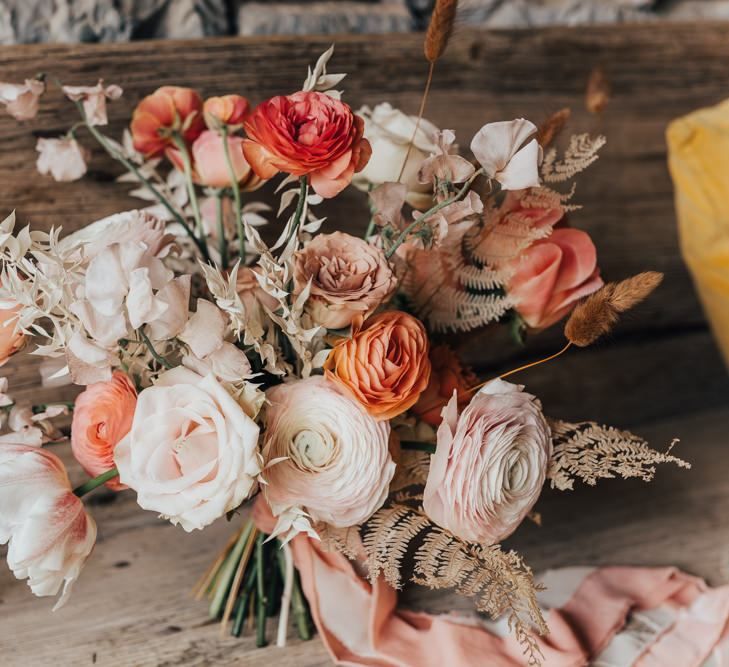 Living Coral, Peach and White Wedding Bouquet Ties with Ribbon