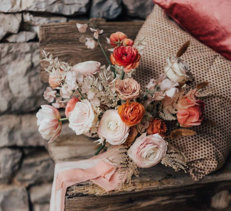 Coral and Peach Ranunculus Wedding Flower Bouquet