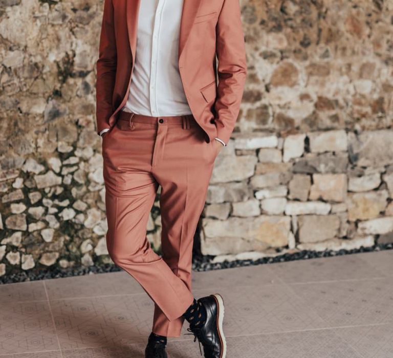 Groom in Coral Wedding Suit with Grandad Collar White Shirt