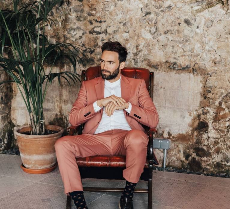 Stylish Groom in Coloured Wedding Suit and White Shirt