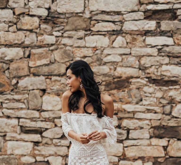 Boho Bride in Bardot Lace Wedding Dress