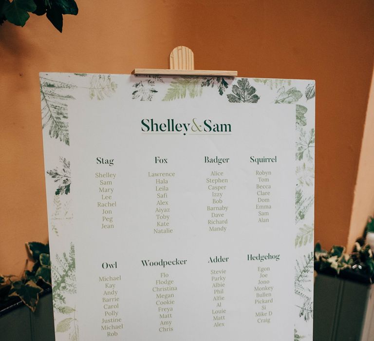 Green Leaf Motif Table Plan // Beautiful DIY Village Hall Wedding For Under £5k // Guests Made Food // Bride Wears Needle &amp; Thread // Images By Dale Weeks Photography