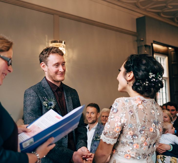 Registry Office Wedding Ceremony // Beautiful DIY Village Hall Wedding For Under £5k // Guests Made Food // Bride Wears Needle &amp; Thread // Images By Dale Weeks Photography