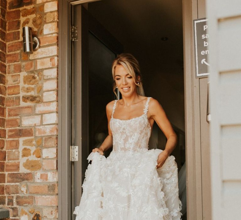 Boho bride in lace Galia Lahav wedding dress for August 2020 wedding