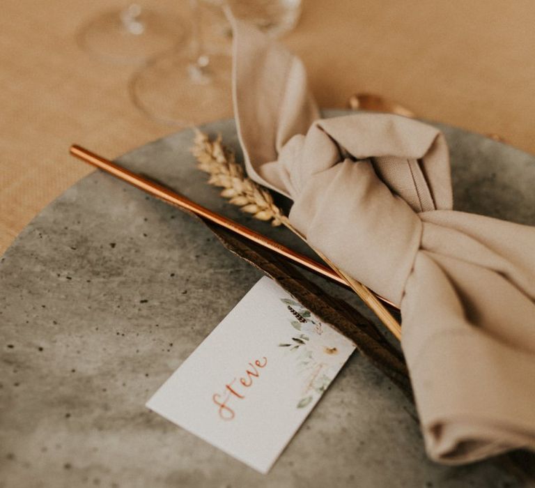 Concrete plate, napkin and cutlery place setting