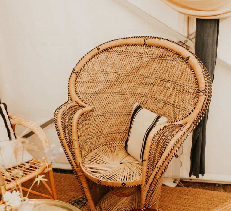 Wicker peacock chair at August 2020 wedding