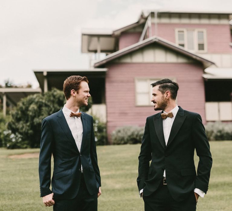 Groomsmen in Black Suits with Wooden Bow Ties