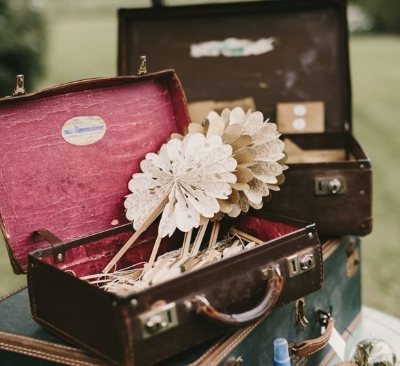 Vintage Suitcases and Vintage Book Pages Paper Fans