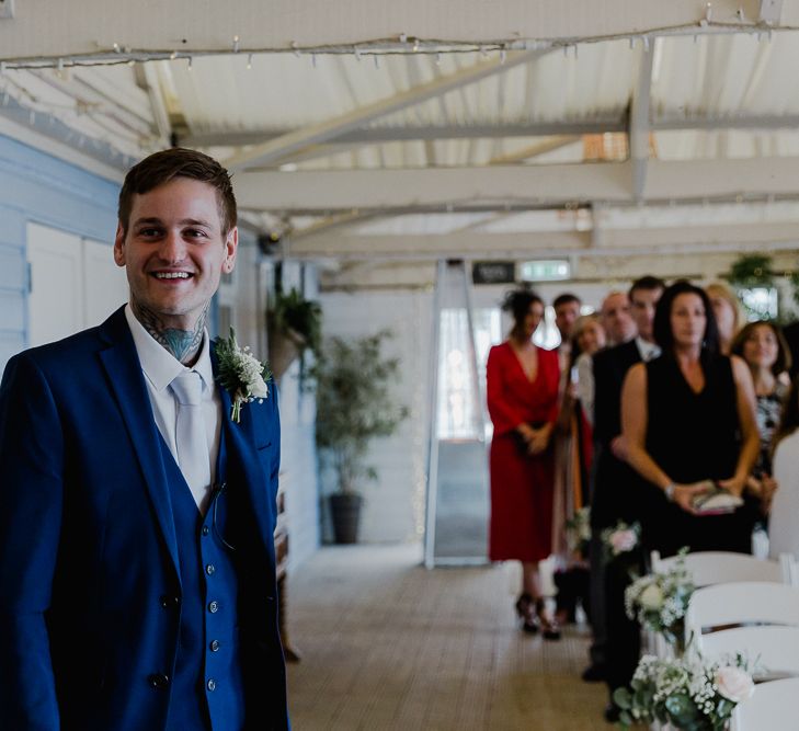 Groom at the Altar in Blue Three Piece Suit | Lusty Glaze Beach Wedding Newquay Cornwall | Alexa Poppe Photography