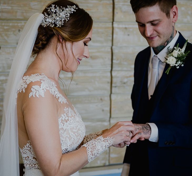 Wedding Ceremony | Bride in Lace Long Sleeve Martina Liana Wedding Dress | Groom in Navy Three-piece Suit | Lusty Glaze Beach Wedding Newquay Cornwall | Alexa Poppe PhotographyLusty Glaze Beach Wedding Newquay Cornwall | Alexa Poppe Photography