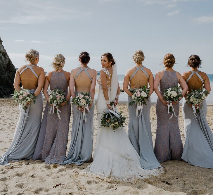 Bridal Party | Bridesmaids in Powder Blue Jarlo London Bridesmaid Dresses | Bride in Long Sleeve Lace Martina Liana Wedding Dress | Lusty Glaze Beach Wedding Newquay Cornwall | Alexa Poppe PhotographyLusty Glaze Beach Wedding Newquay Cornwall | Alexa Poppe Photography