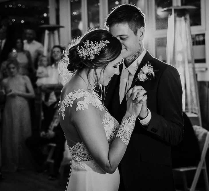 First Dance | Bride in Lace Long Sleeve Martina Liana Wedding Dress | Groom in Navy Three-piece Suit | Lusty Glaze Beach Wedding Newquay Cornwall | Alexa Poppe PhotographyLusty Glaze Beach Wedding Newquay Cornwall | Alexa Poppe Photography