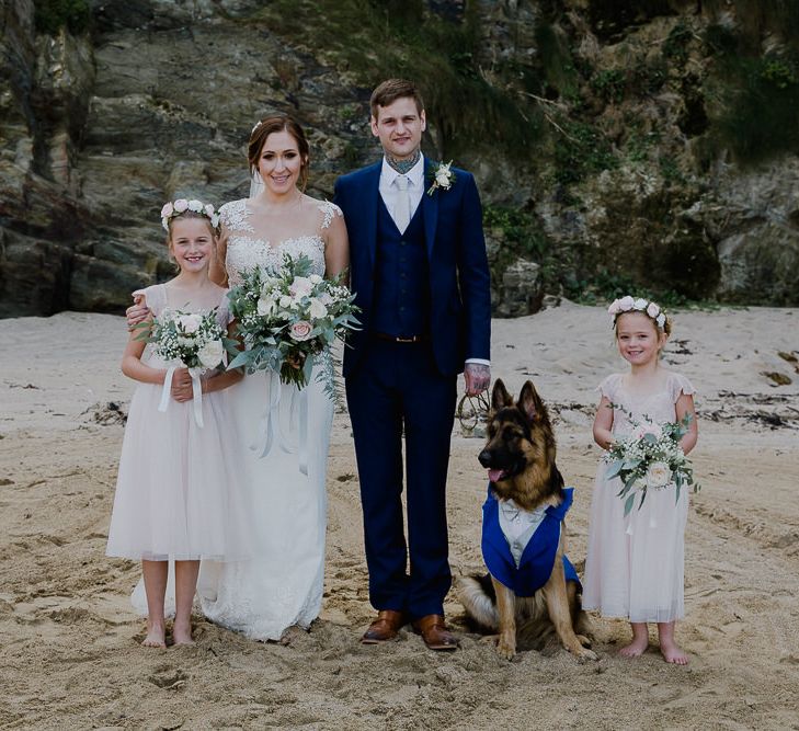 Family Coastal Portrait | Bride in Lace Long Sleeve Martina Liana Wedding Dress | Groom in Navy Three-piece Suit | Lusty Glaze Beach Wedding Newquay Cornwall | Alexa Poppe PhotographyLusty Glaze Beach Wedding Newquay Cornwall | Alexa Poppe Photography