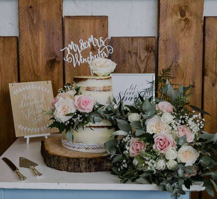 Semi Naked Wedding Cake on Tree Slice Cake Stand | Lusty Glaze Beach Wedding Newquay Cornwall | Alexa Poppe Photography