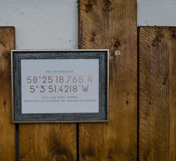 Coordinates Wedding Sign | Wedding Decor | Lusty Glaze Beach Wedding Newquay Cornwall | Alexa Poppe Photography