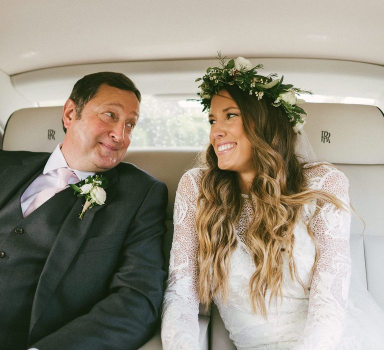 Bride with Father in Car On Their Way To Ceremony