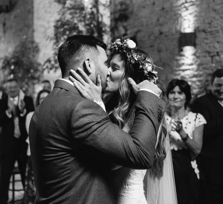 Bride and Groom Kiss As Husband and Wife