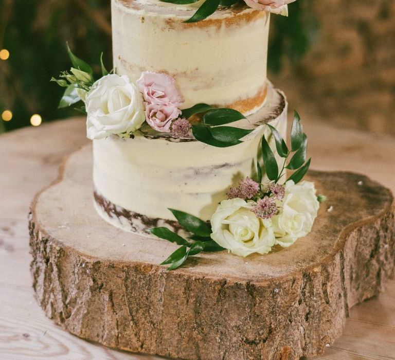 Semi Naked Wedding Cake With Pink Flower Decor