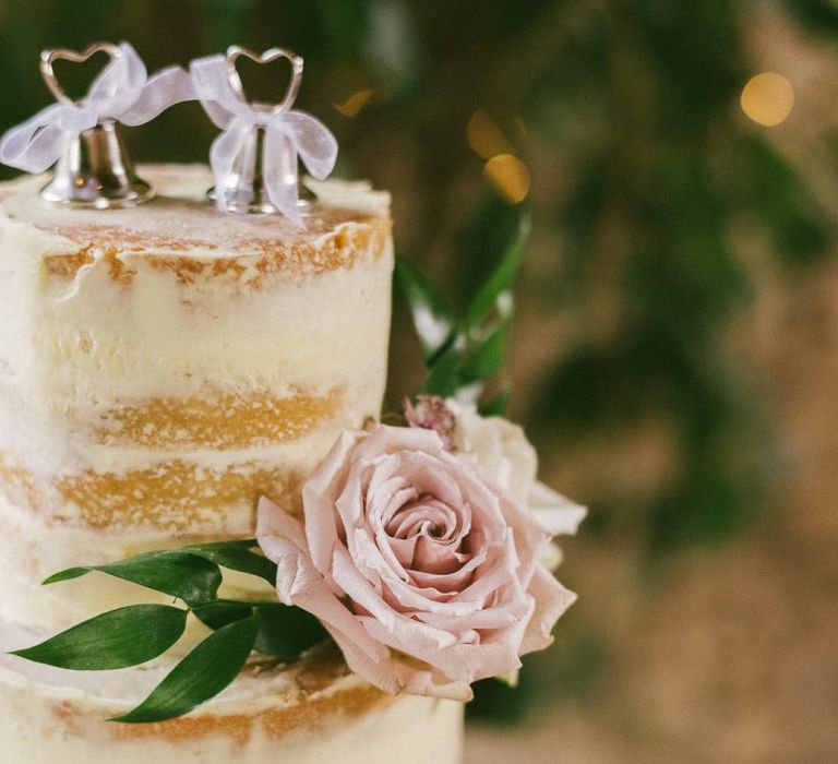 Pink Rose On Semi Naked Wedding Cake