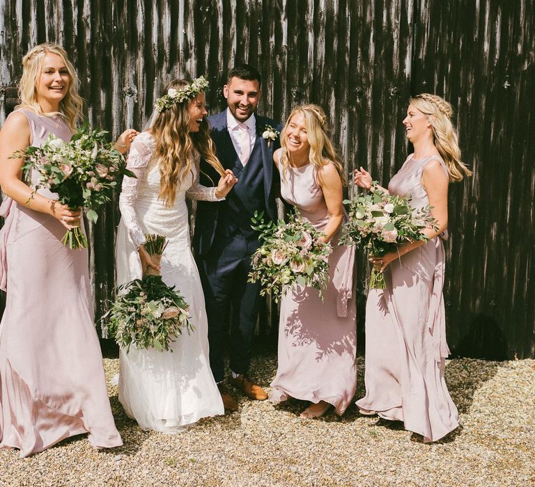 Bride and Groom With Bridesmaids In Ghost Wedding Dresses