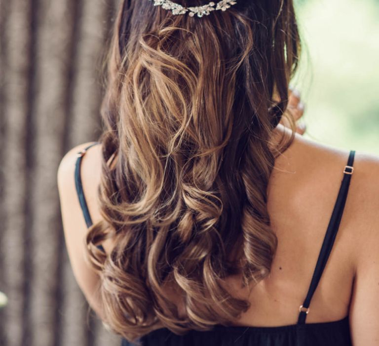 Curly Half Up Half Down Wedding hair with Hair Vine Accessory