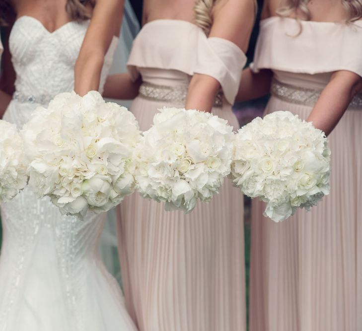 Pure White Flower Bridal Party Wedding Bouquets with Hydrangeas, Peonies and Roses