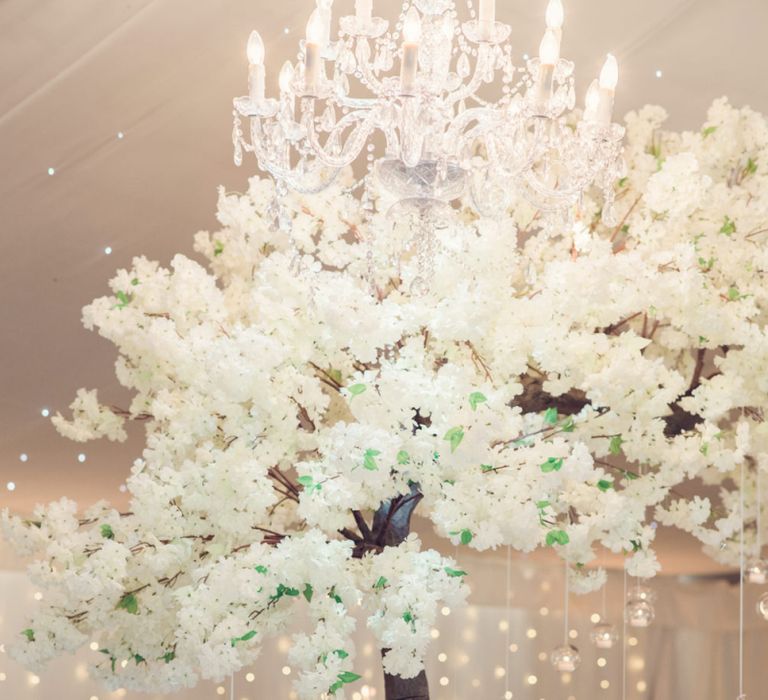 White Blossom Tree Wedding Reception Decor with Handing Votives