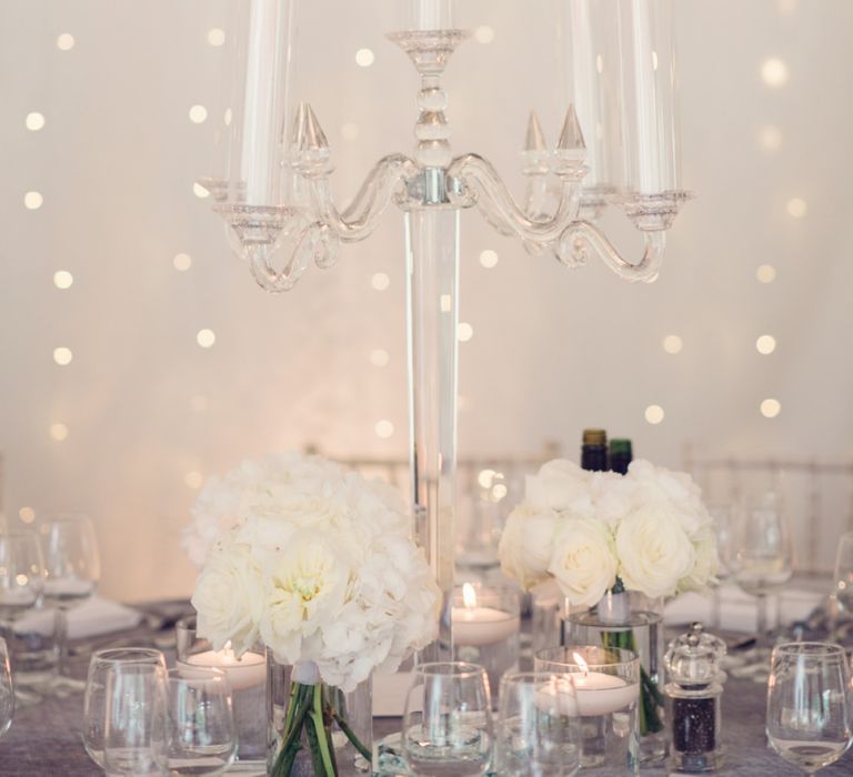 Table Centrepiece of Crystal Chandelier with White Taper Candles