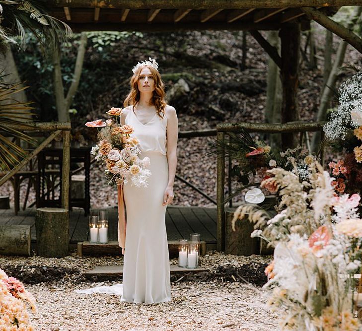 Beautiful Bride in Fitted Wedding Dress at Woodland Wedding