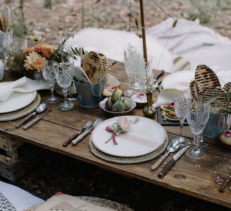 Informal Wooden Grazing Table with Cushion Seating