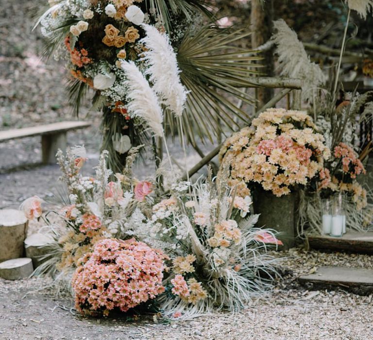 Floral Arrangement by JenniBloom Flowers with Pampas Grass, Dried Foliage and Orange Flowers