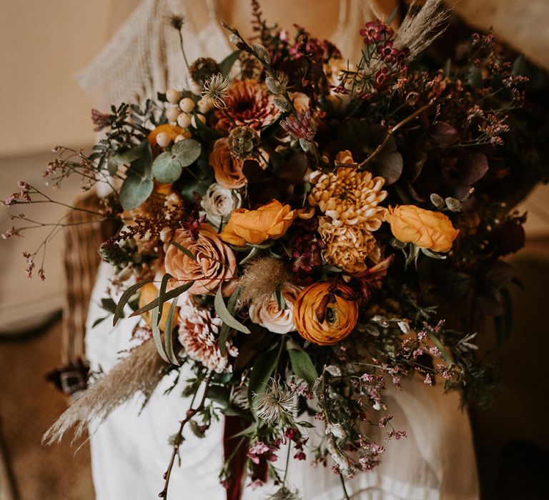 Giant Burnt Orange Wedding Bouquet with Dried Grasses and Foliage