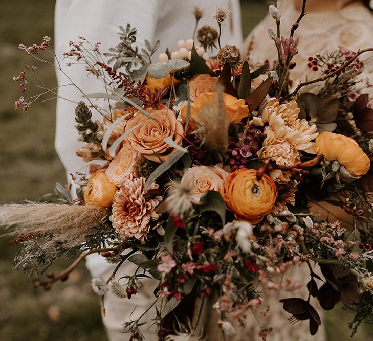 Wild Bridal Bouquet with Burnt Orange Flowers, Foliage and Dried Grasses